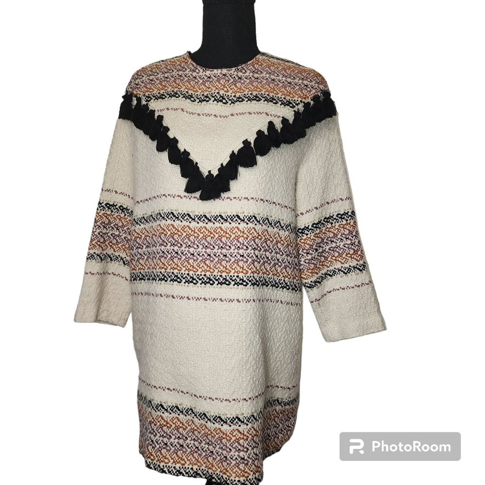 #071. Natural Fiber Looking Beige Pullover Tunic Style Dress with Fringe-Zara